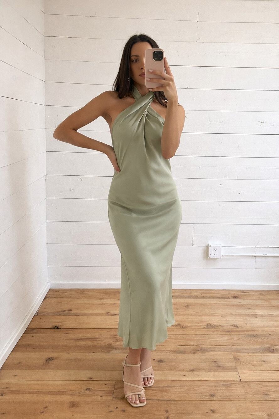 Show Me Your Mumu Jasmine Halter MIDI Dress Moss Green Luxe Satin L